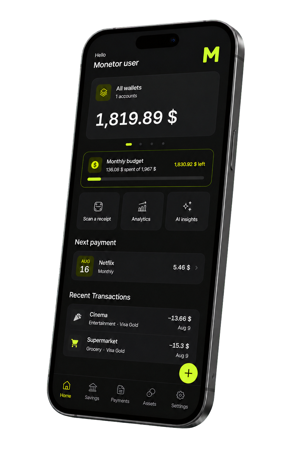 Monetor home screen showing wallets, monthly budget, upcoming payment, and recent transactions