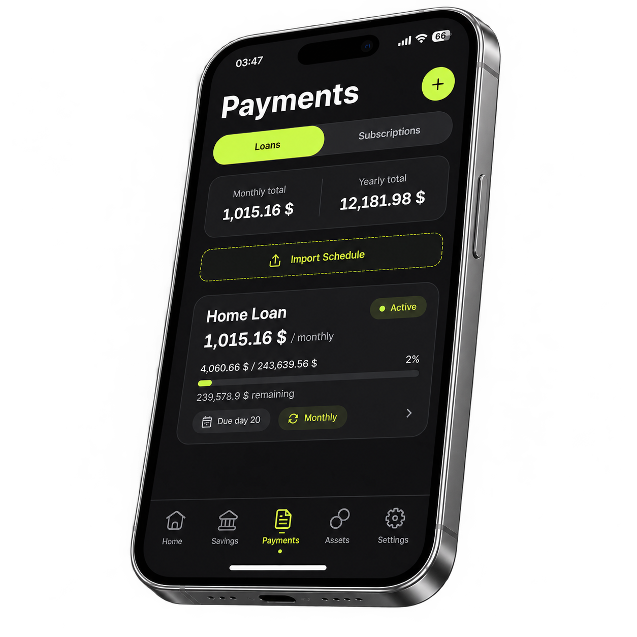 Monetor payments screen showing a home loan and payment schedule import