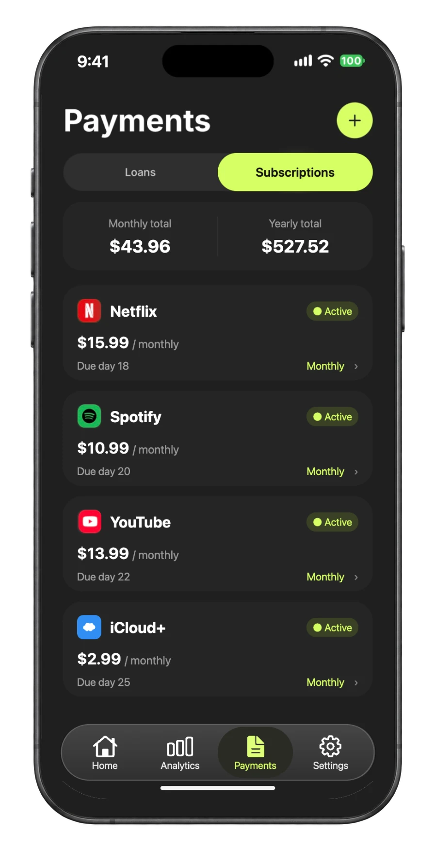 Monetor subscriptions on iPhone listing Netflix, Spotify, YouTube and iCloud+ renewals with a monthly total